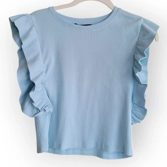 Zara sleeveless baby blue ruffled-sleeve Spring top size M NWT Sabrina Carpenter - Picture 6 of 13